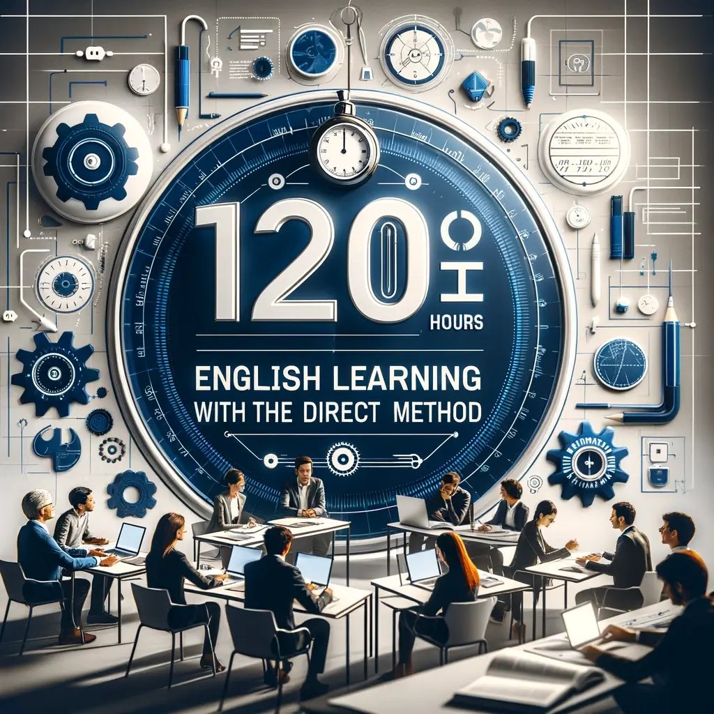 DALL·E 2024-08-07 17.17.40 - A professional and modern image highlighting a 120-hour English learning program using the Direct Method. The text should read_ 120 Hours of English 